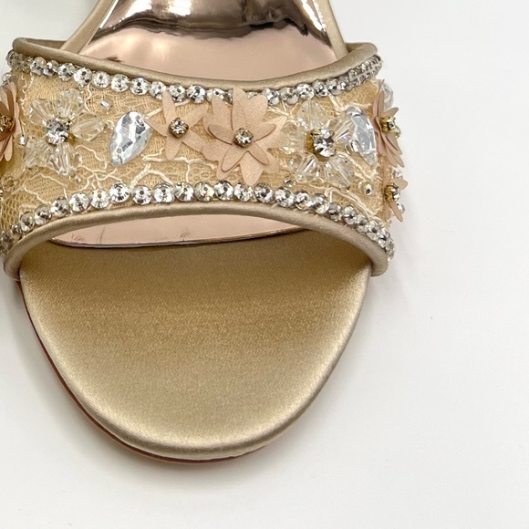 Badgley Mischka Taylin Pearl Nude Satin Jeweled Block Heel Dress Sandals Shoes - Picture 6 of 15